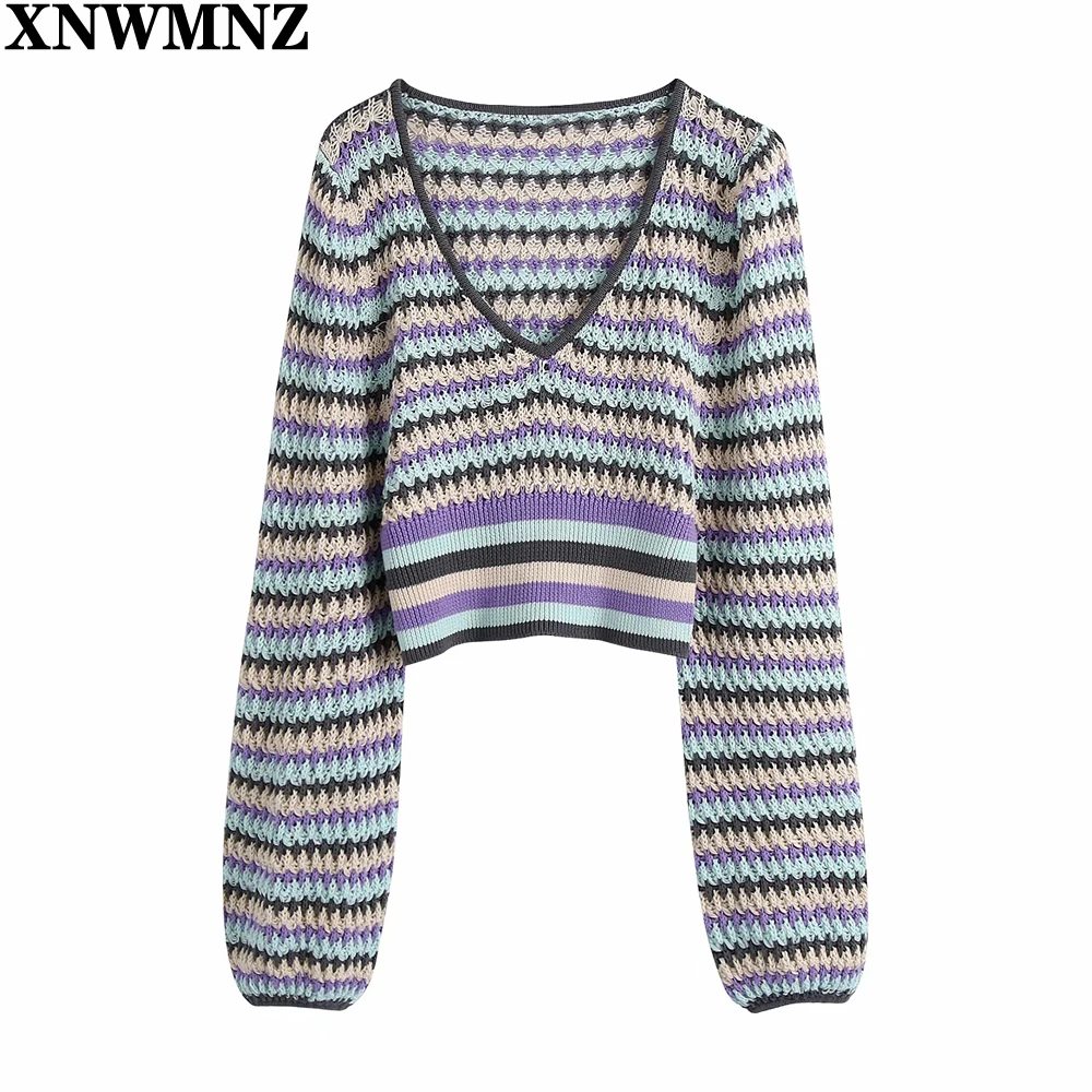 

XNWMNZ 2021 Women Fashion stripe cropped knit sweater Knitting Sweater Ladies V Neck long balloon sleeves Pullovers Tops