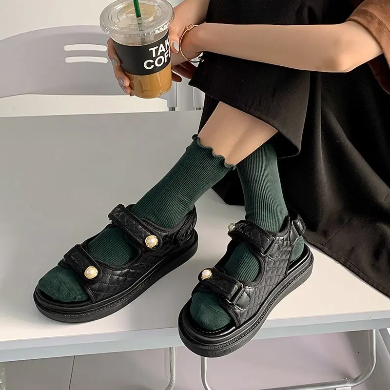 

Pearl Sandals 2021 Summer Clogs With Heel Shoes Suit Female Beige Soft Med Thick Comfort Girls Sports Beach Black Medium New Bac