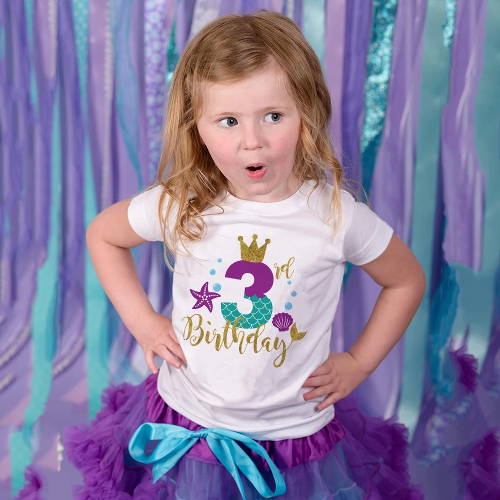 Camiseta de 3th/4th/5th/6th/7th/8th/9th regalo de cumplea&ntilde;os para ni&ntilde;as, ropa para ni&ntilde;os, Camiseta con estampado gr&aacute;fico de corona de sirena, ropa para ni&ntilde;os-0