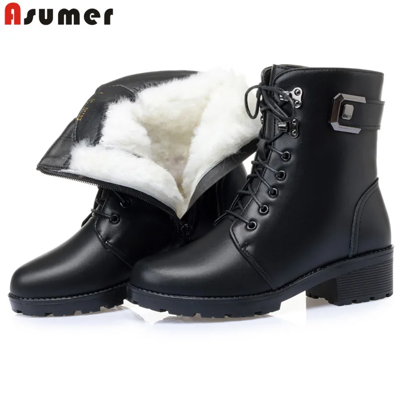 ASUMER 2021 New arrival snow boots women zip winter warm wool square heel cow leather fashion ankle for shoes | Обувь