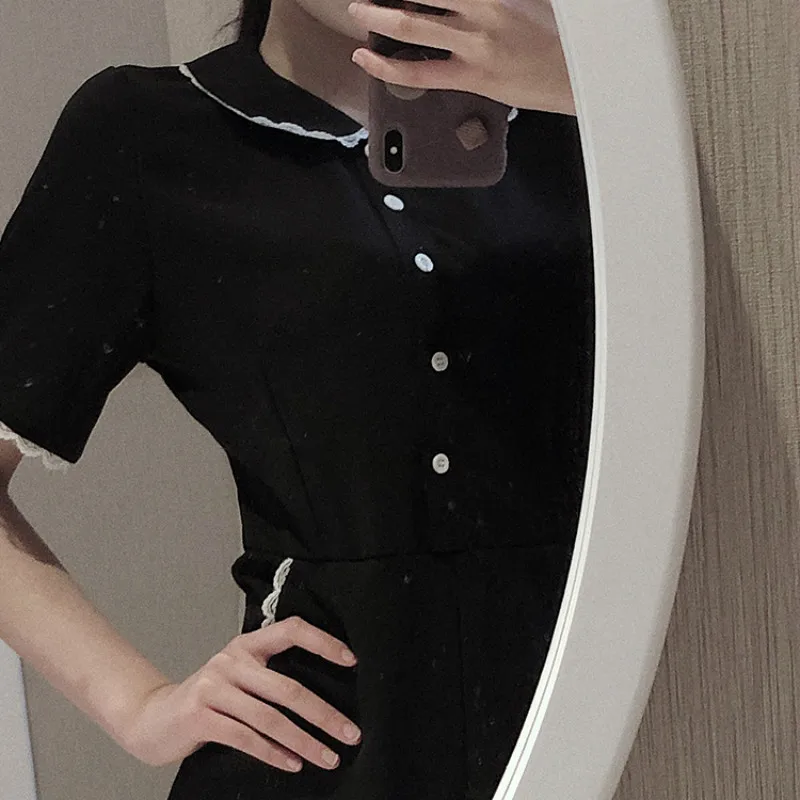 

Dress Women Patchwork Turn-Down Collar All-match Retro High Quality Slim Womens Summer Korean Style Female Short Sleeve Clothing