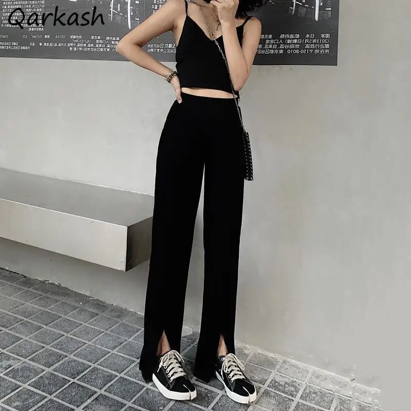 

Women Casual Pants Straight Front Slit All-match Black Leisure Students Elastic High Waist Loose 3XL Summer Slender Mopping New