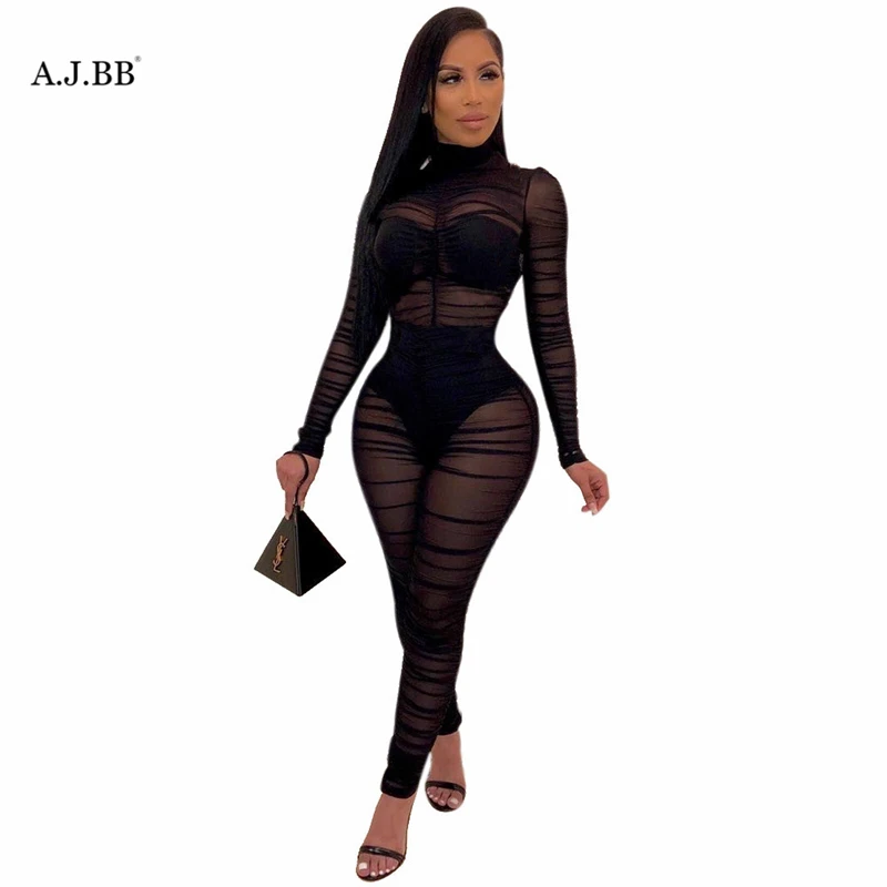 

2020 Europe Summer sexy nightclub solid color tights fashion slim o-neck long sleeve women's perspective top pants