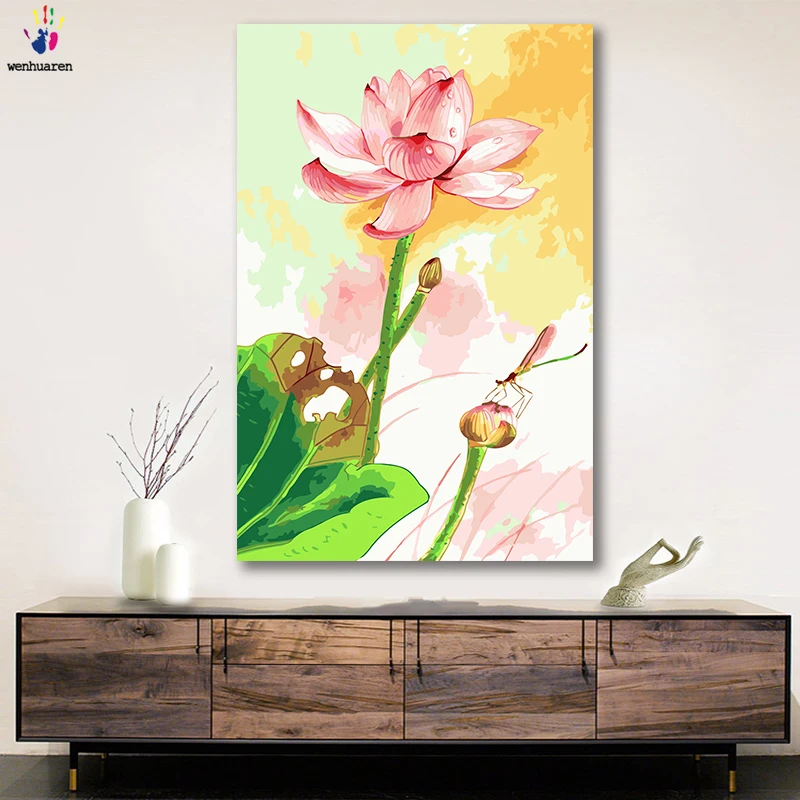 DIY картинки для раскраски по номерам с цветами лотоса и стрекозы картина