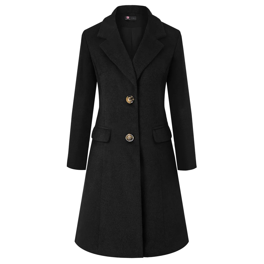 Женское шерстяное пальто однобортное с разрезом сзади длинным рукавом отворотом