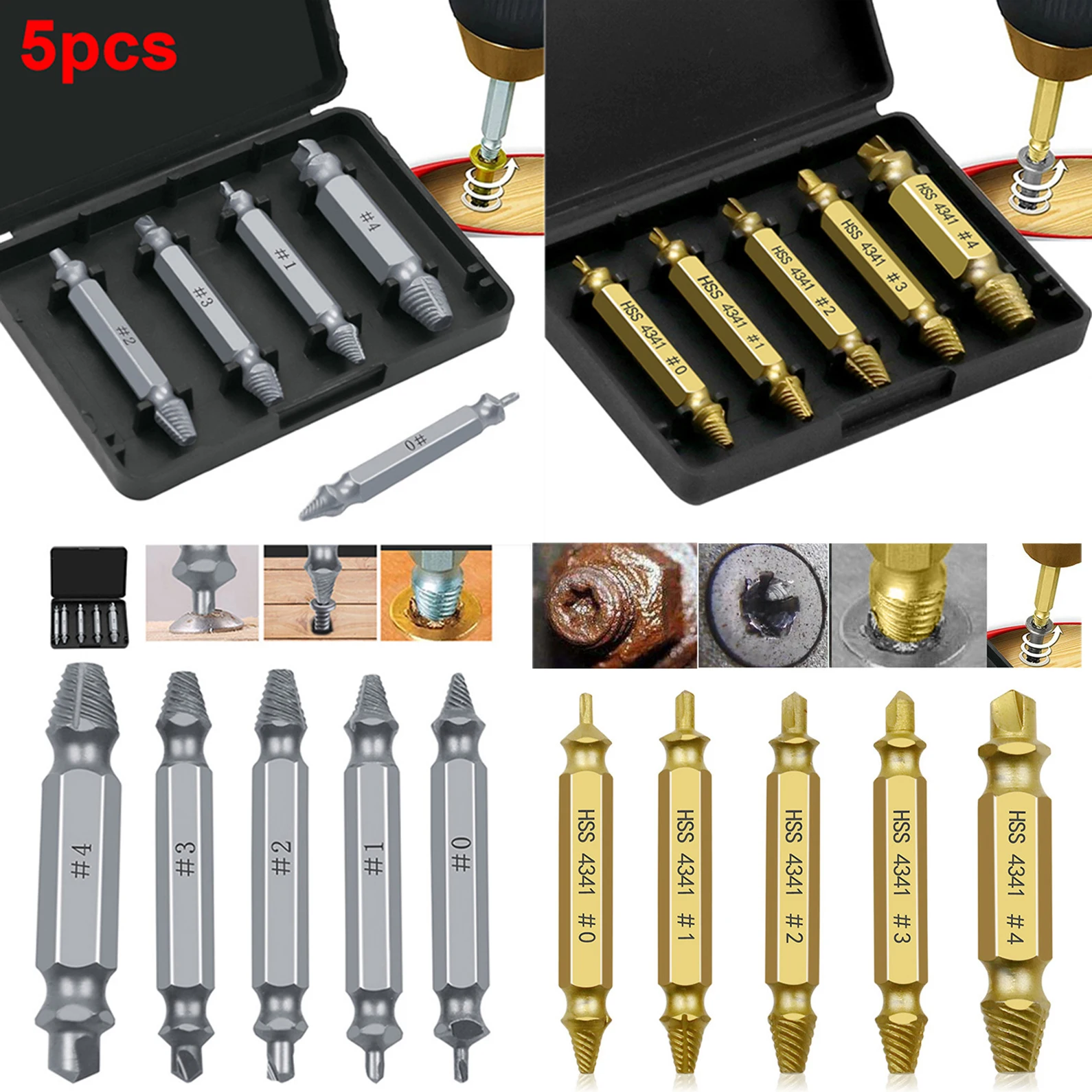 

5pcs/set Material Damaged Screw Extractor Drill Bits Guide Set Broken Speed Out Easy out Bolt Stud Stripped Screw Remover Tool