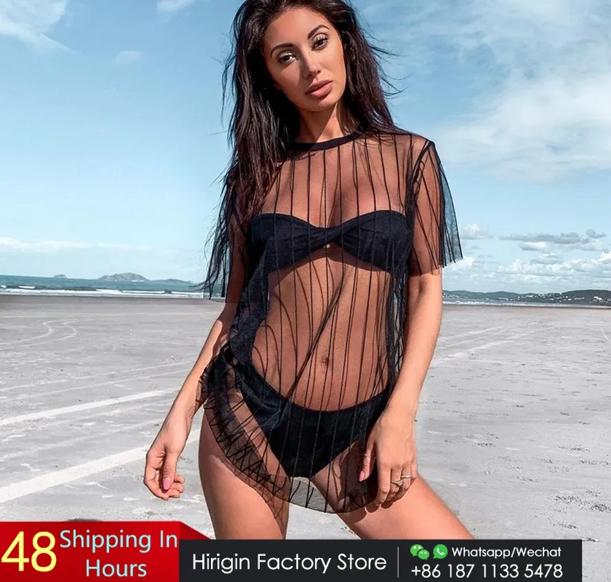 

Hirigin сетчатые бикини накидки 2020 летнее женское платье для плавания с коротким рукавом Прозрачный женский купальный костюм пляжное платье 2 ...