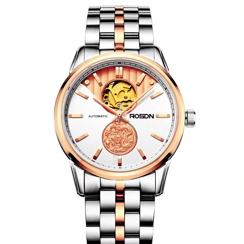 

ROSDN Limited Men's Watches Luxury Brand Japan Automatic Mechanical 24K Gold Design 50M Waterpoof Skeleton Couples Clock R2100M