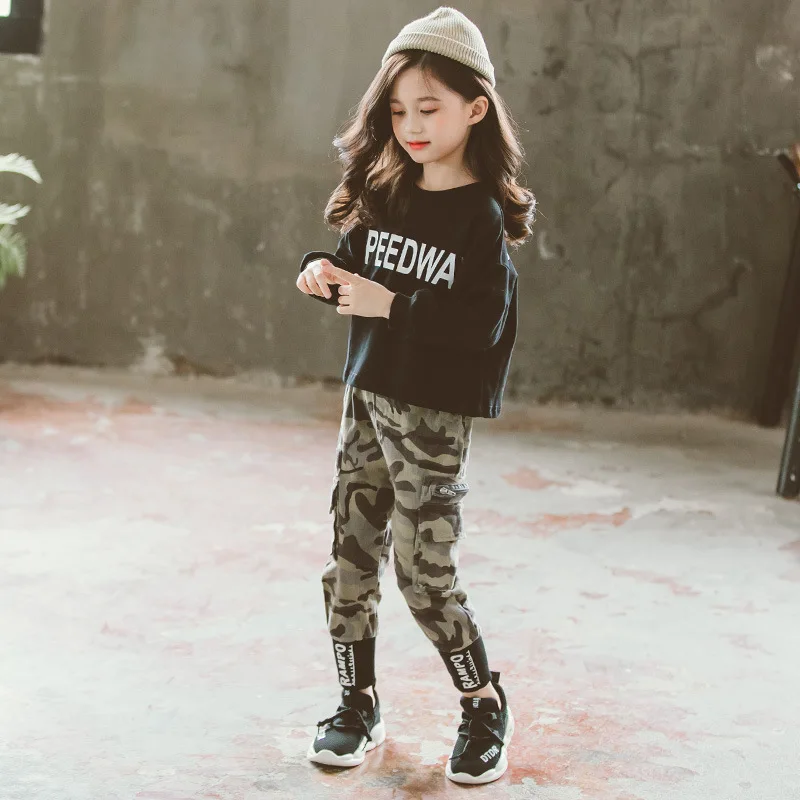 Осенний комплект одежды для девочек новинка 2021 года модная футболка с длинным
