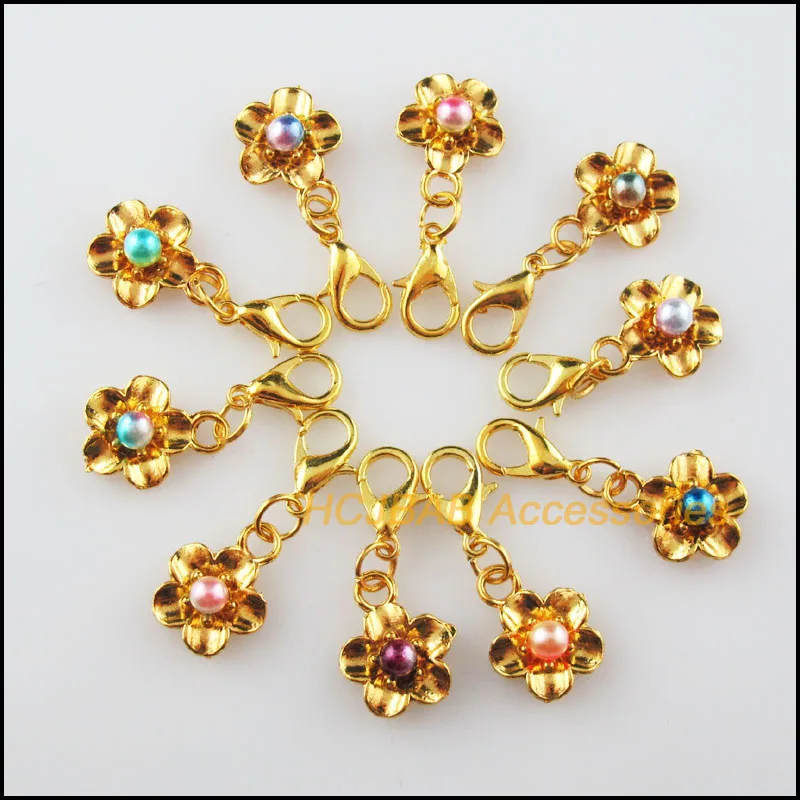 

20Pcs Gold Color Flower Star Multicolored Mixed Beads With Lobster Claw Clasps Charms