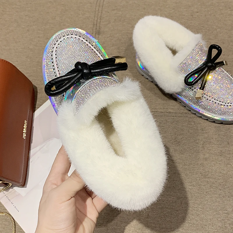 Shiny Glitter Snow Boots Women Fashion Warm Plush Ankle Boots Woman Non Slip Botas Mujer Butterfly-knot Decoration