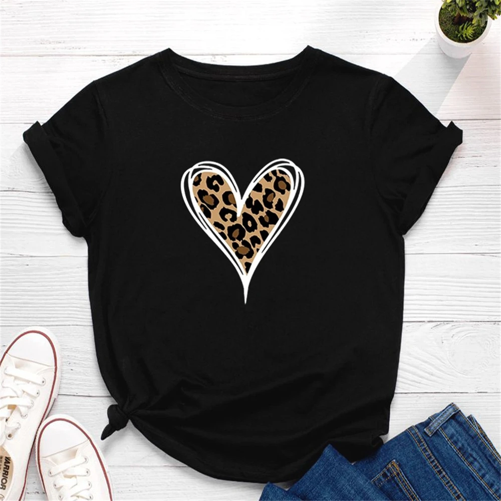 

Leopard Heart Print Women T Shirt Short Sleeve O Neck Women Tshirt Ladies Fashion Tee Shirt Tops Clothes JLL0