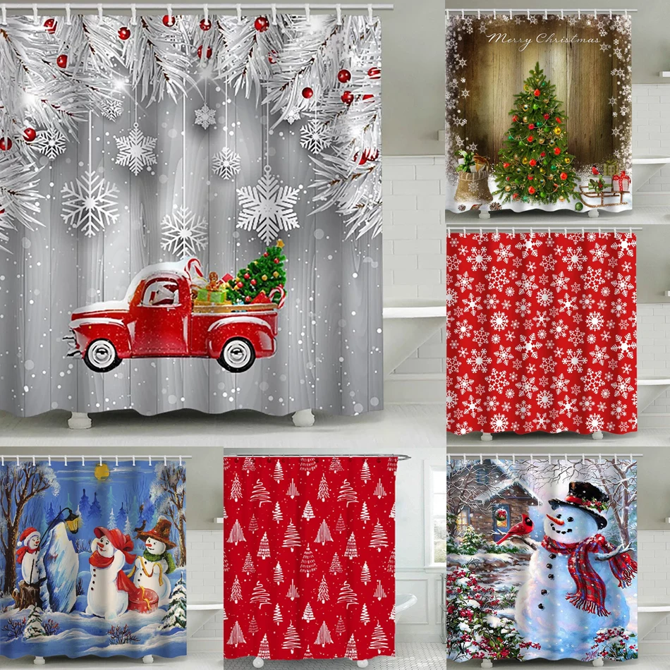 

Christmas Shower Curtain Waterproof Polyester Xmas Trees Snowman Bathroom Curtains Decor with Hooks Bath Cortinas Para Baño