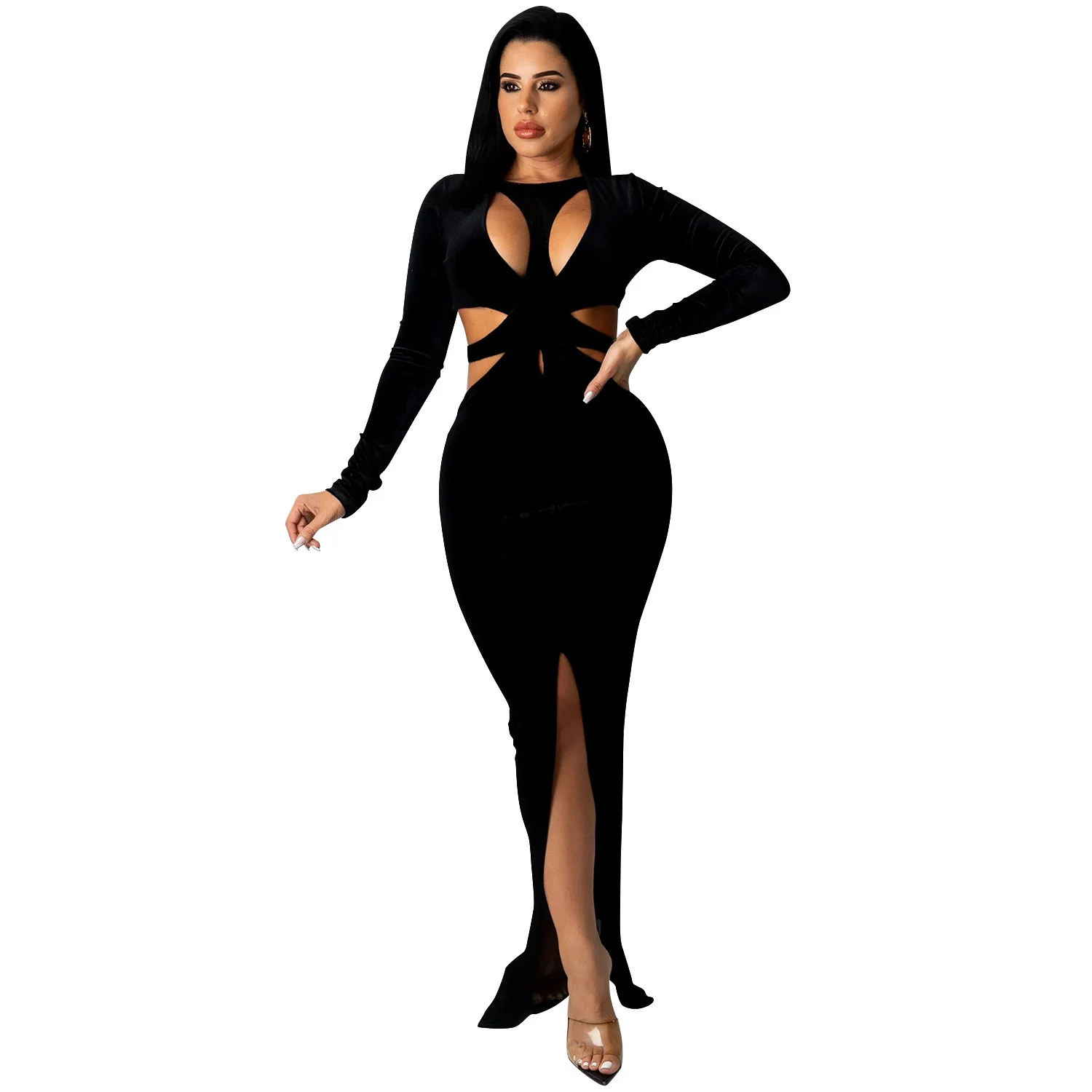 

Zoctuo Sexy Long Sleeve Dresses For Women Hollow Out Slim Slit Bodycon Fashion Dress Solid Autumn Casual Club Party Vestidos