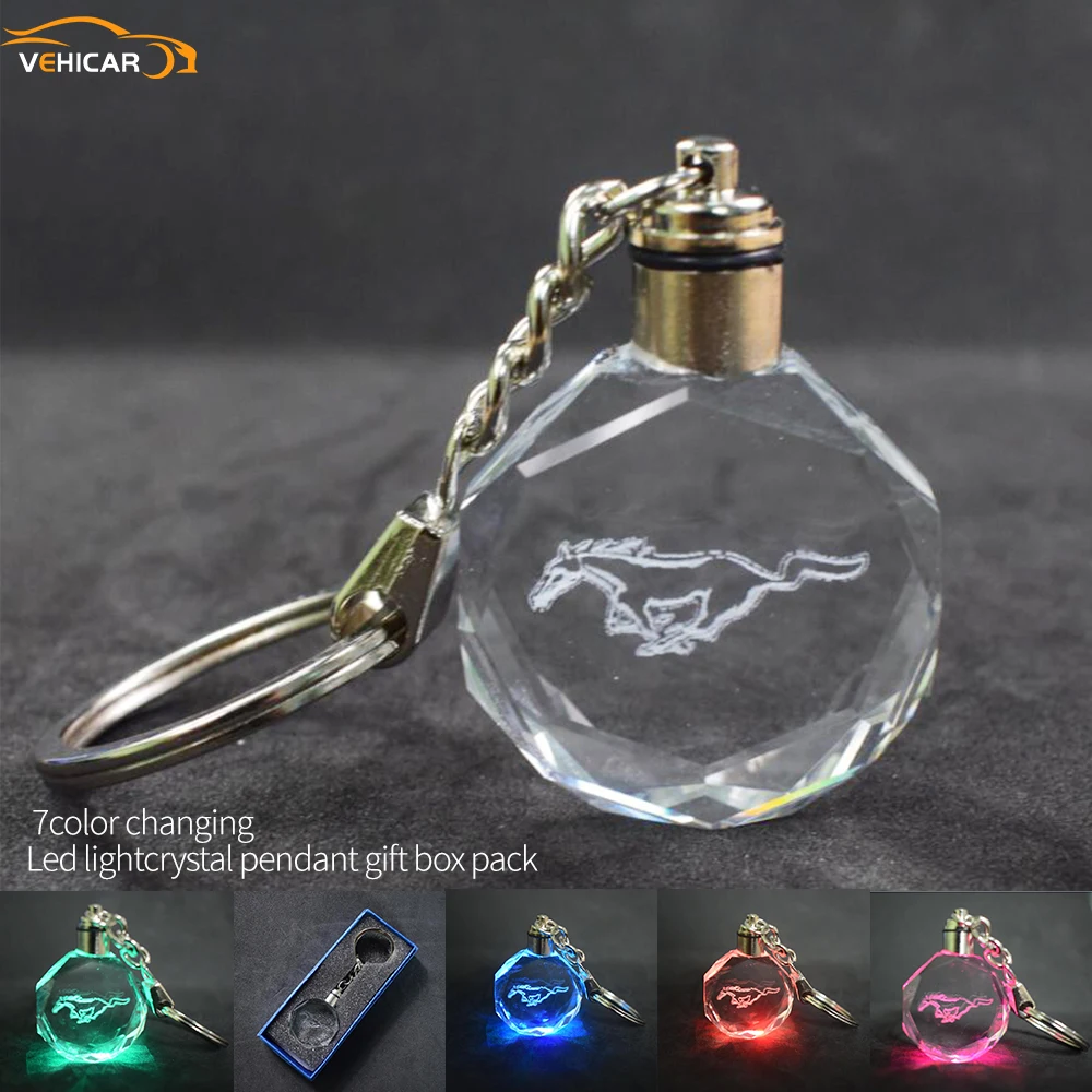 VEHICAR 3D Laser Engraved Crystal Keychain LED Light pendant  For Mustang Led Light 7Colors Changing Key Chain Gift Box pack