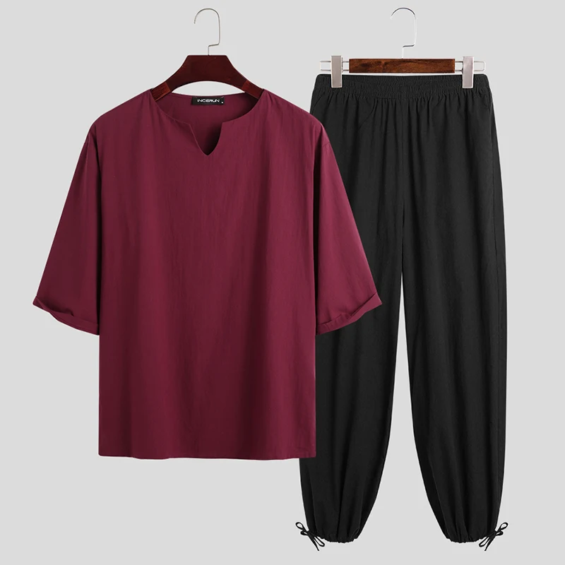

INCERUN Vintage Cotton Men Sets Streetwear V Neck 3/4 Sleeve Tops Loose Pants 2 Pieces Solid Color Chinese Style Mens Suits 2021