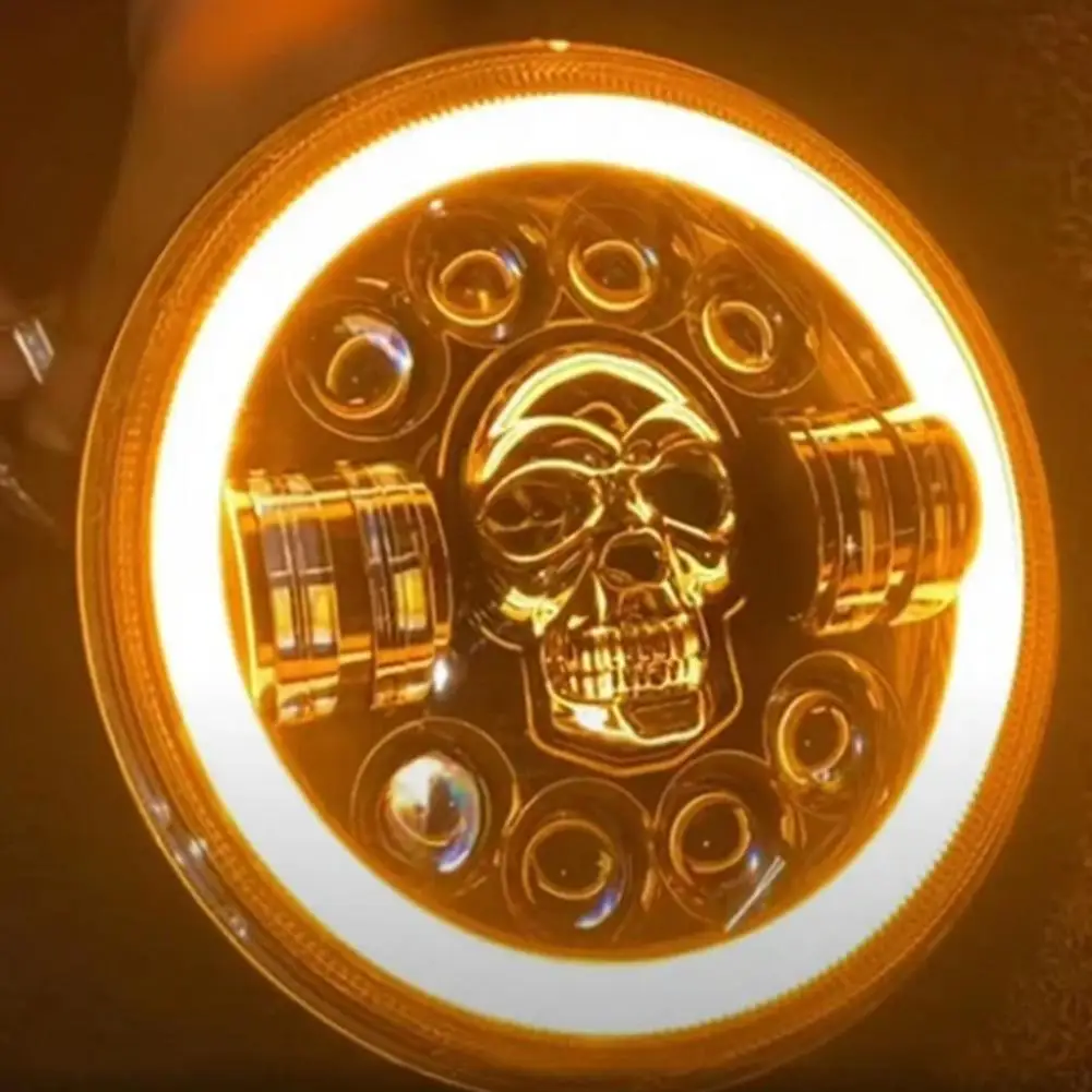 New 7In 12V Skeleton LED Headlights DRL Hi/Lo Beam H4 180W Halo Ring Amber Angel Eye For Jeep Wrangler UAZ Hunter | Автомобили и