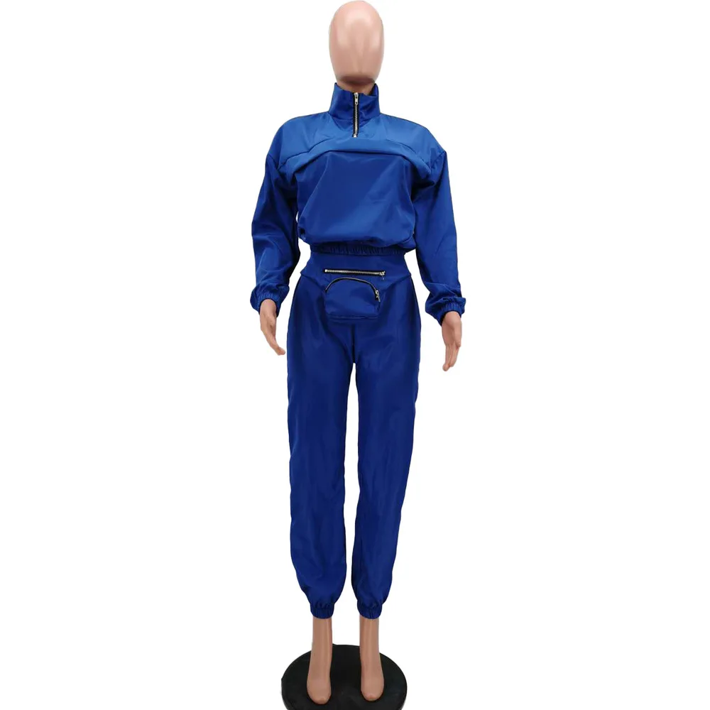 

Active Wear Workout Casual Two Piece Set Women's Sport Suits Stand Collar Full Sleeve Crop Top & Satchel Zipper Jogger Sweatpant