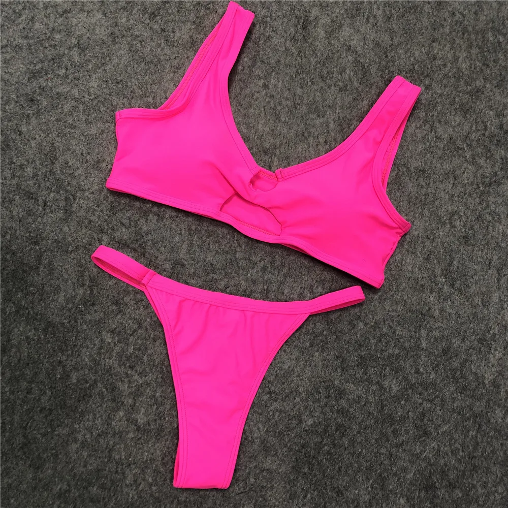 Неоновые розовые бикини с вырезами купальные костюмы пуш-ап для женщин высокими