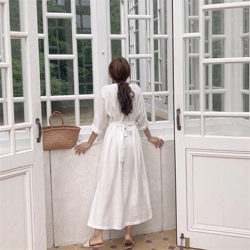 

Spring Summer Women Dress Vintage Elegant A-Line Fold Pleated Big Hem Bottoms Lace Up V-Neck Wrist Long Dresses Vestido De Mujer