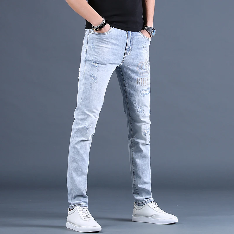 Summer Men Light Blue Ripped Jeans Fashion Rhinestones Slim Fit Pants Streetwear Casual Denim Trousers