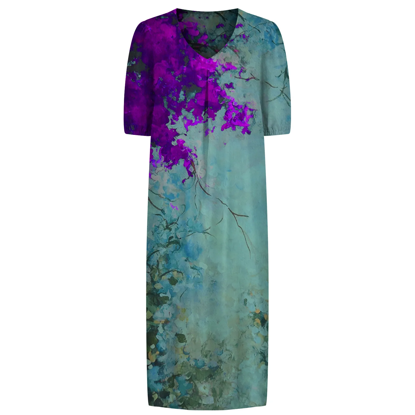 

Summer dress Women Fashion V-Neck Short Sleeve Printing Loose Dresses New Ladies Casual Mid-Calf Long Dresses vestidos de mujer
