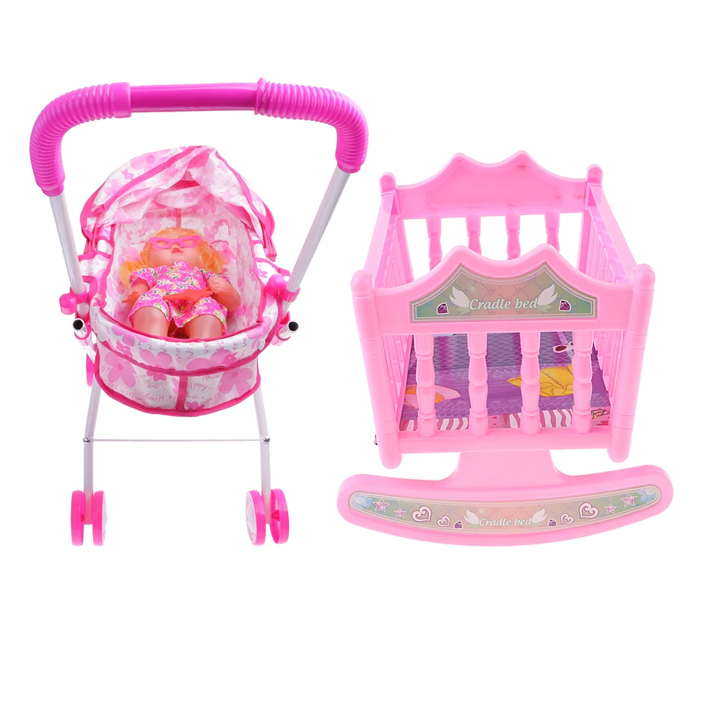 Розовая кукольная коляска пластиковая и детская кроватка миниатюрная для куклы