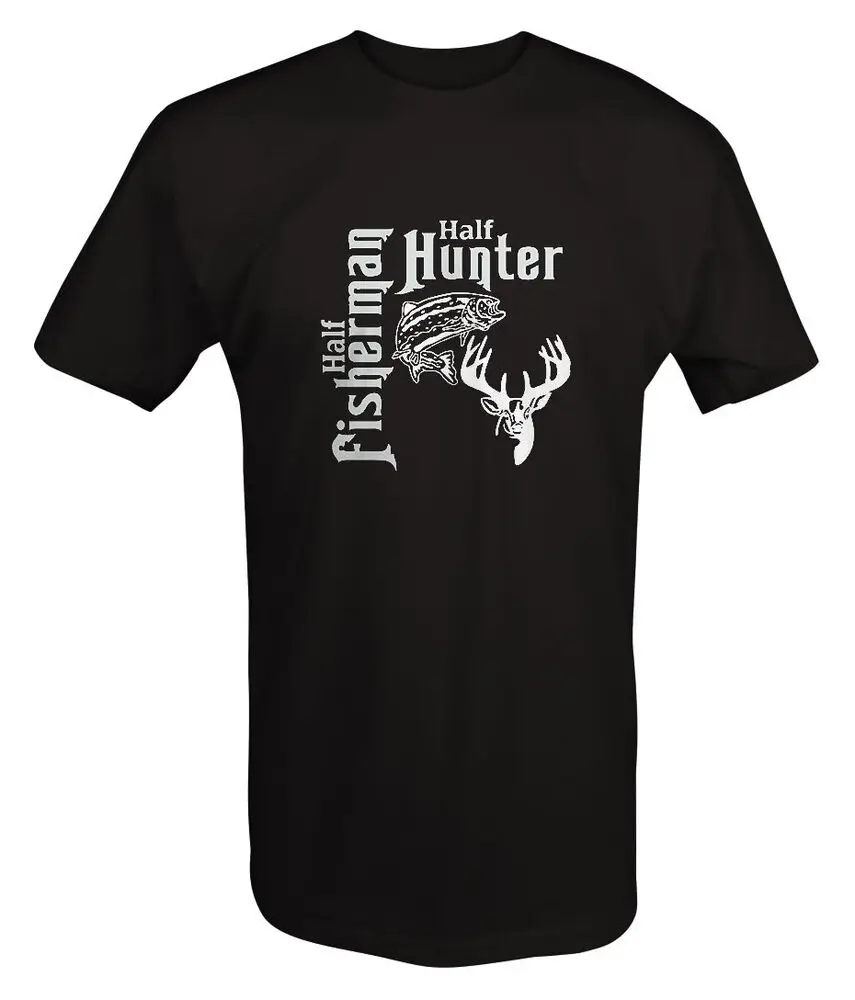 

Funny Half Fisherman Hunter Fishing Hunting Buck Deer Fish T-Shirt. Summer Cotton O-Neck Short Sleeve Mens T Shirt New S-3XL