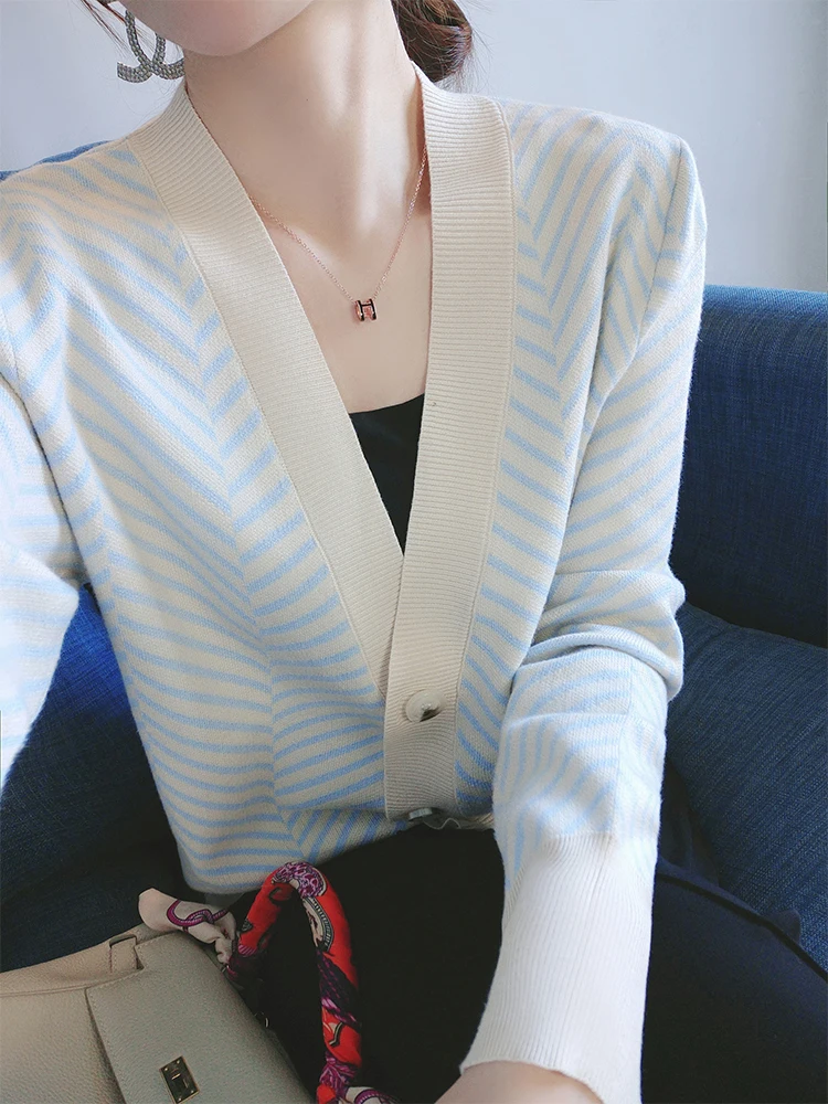 

Shangweiluo autumn and winter new women's long sleeve V-neck knitted cardigan loose with striped sweater jacket fashion