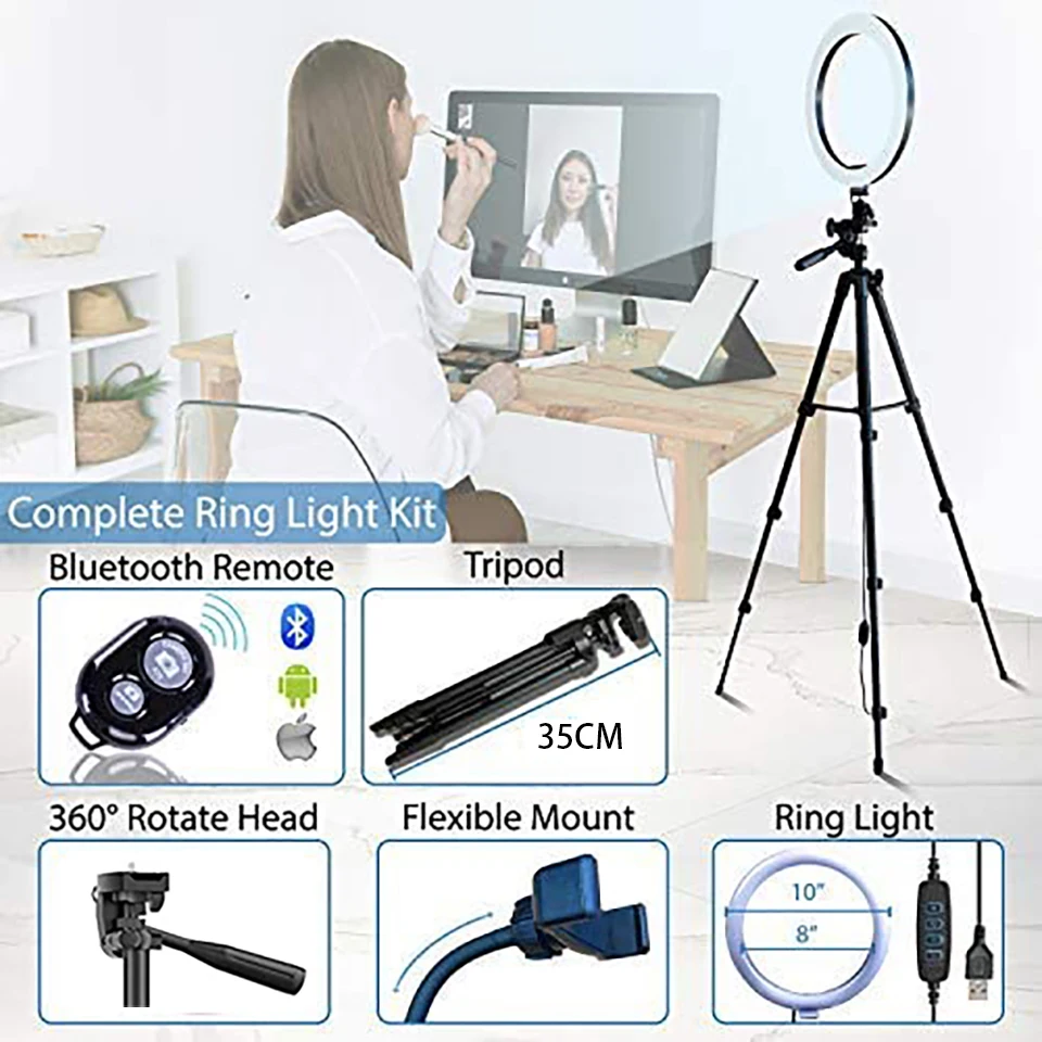 26cm Photo Ringlight Led Selfie Ring Light Phone Bluetooth Remote Lamp Photography Lighting Tripod Holder Youtube Video