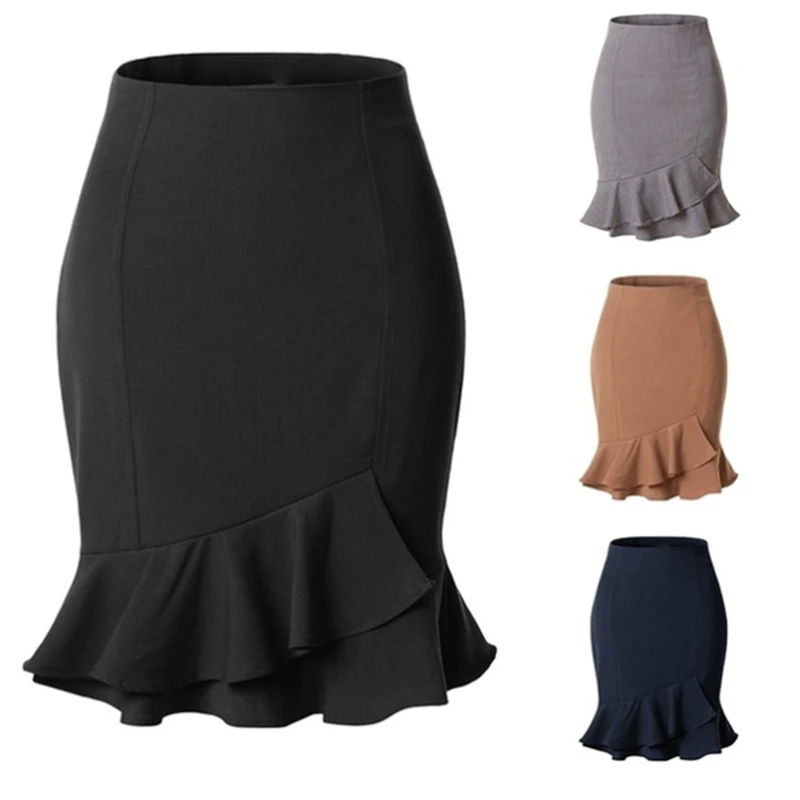 

Womens Korean Pencil Skirt 2020 Fashion Elegant High Waist Ruffle Black Skirt Office Ladies Sexy Plus Size Gray Skirt Jupe