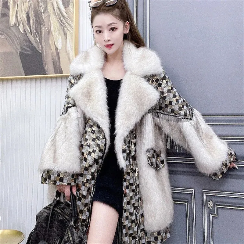 

Winter Heavy Industry Fur Coat Female New Splicing Lapel Long-sleeved Sequined Fringed Zipper Jacket Fashion Personality Woman