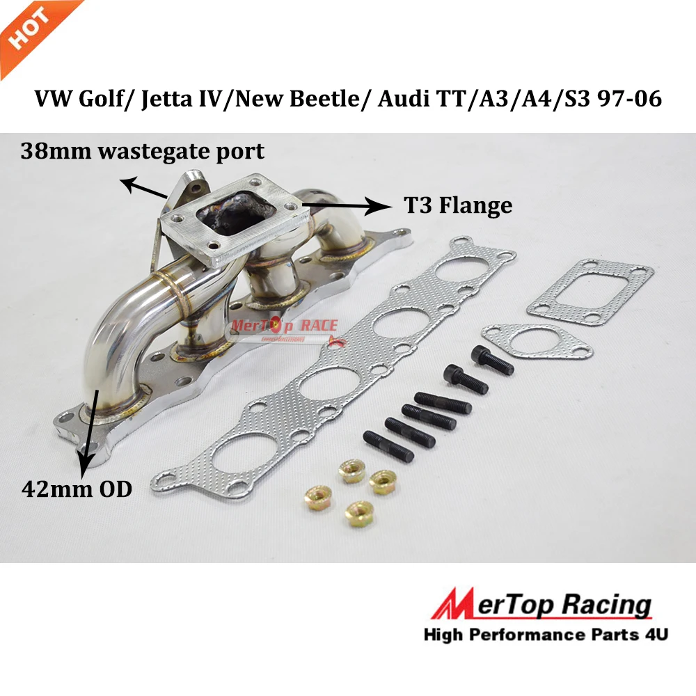 

MERTOP RACING 42mm T3 Exhaust Turbo Manifold Header For Je tta G olf TT A3 A4 S3 1997-2006 Fit 38MM external wastegate