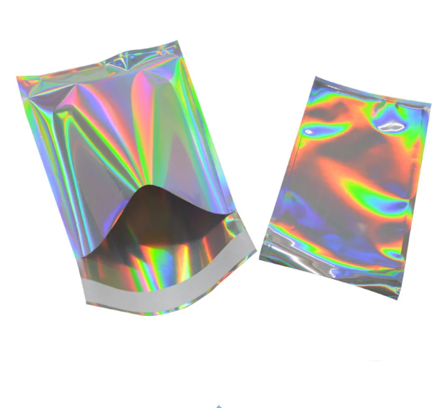 

100pcs Mylar Zipper Closure Bags Aluminum Foil Food Storage Bags Holographic Rainbow Color Mylar Bags Resealable Pouch