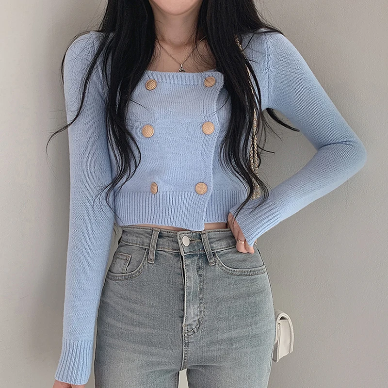 

Pinkou Women Sweet Solid Knitted Cardigan Long Sleeve Short Style Sweater Double Breasted Knitwear Crop Top HA165