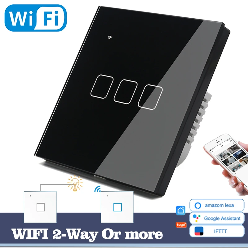 

WIFI Touch Light Wall Switch Black Glass Blue LED Universal Smart Home Phone Control 3 Gang 2 Way Square Alexa Google Home