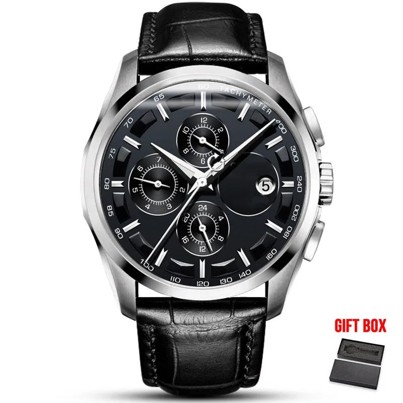 Black Dial Leather Карнавальные Мужские автоматические механические часы, мужские водонепроницаемые наручные часы от ведущего бренда, модные роскошные кожаные часы Relogio Automatico - Цвет: Black Dial Leather