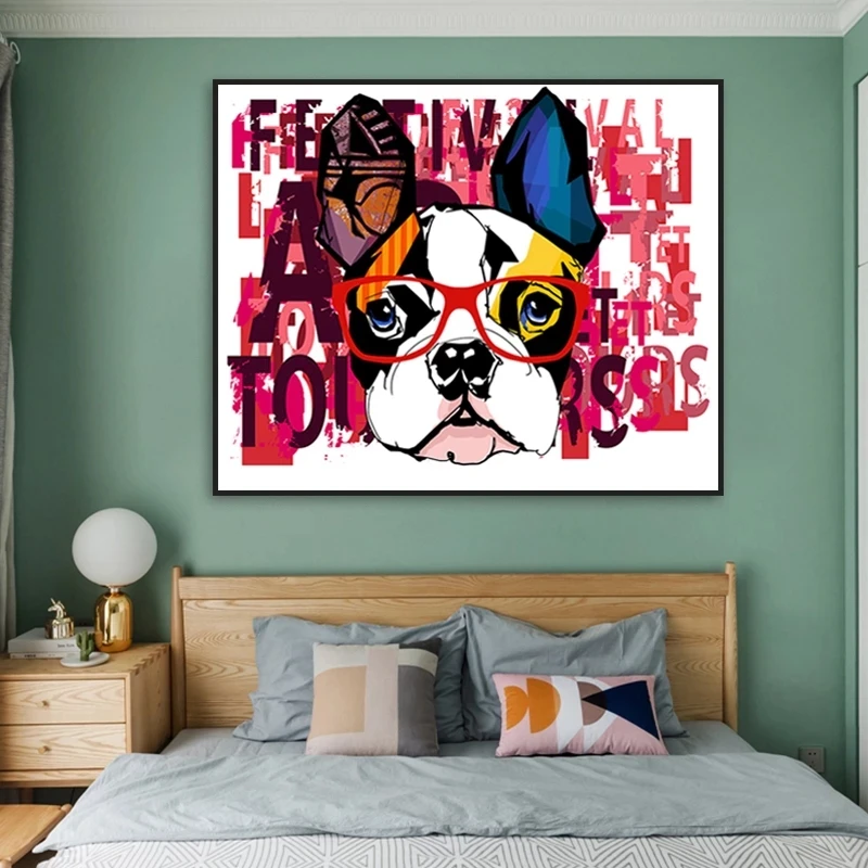

Abstract Dog Canvas Painting Letter Puppy Poster Nordic Wall Art Bulldog With Glasses Prints Wall Pictures For Kids Room Decor