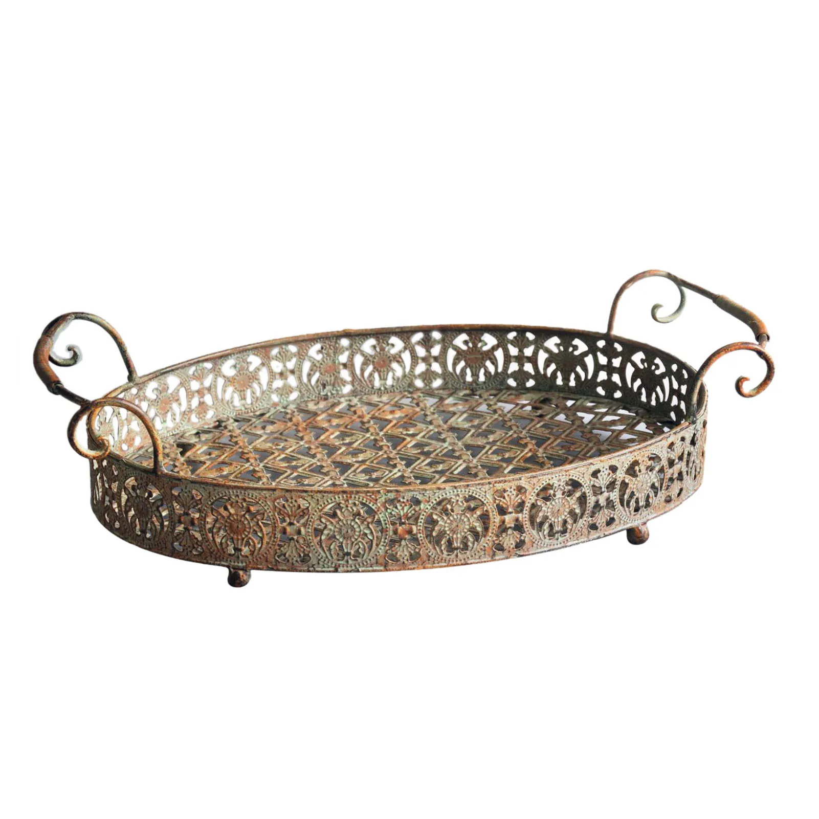 

Retro Iron Craft Lace Iron Plate Handcrafted Round Vintage Antique Wrought Storage Serving Tray For Home Decor Church Wedding