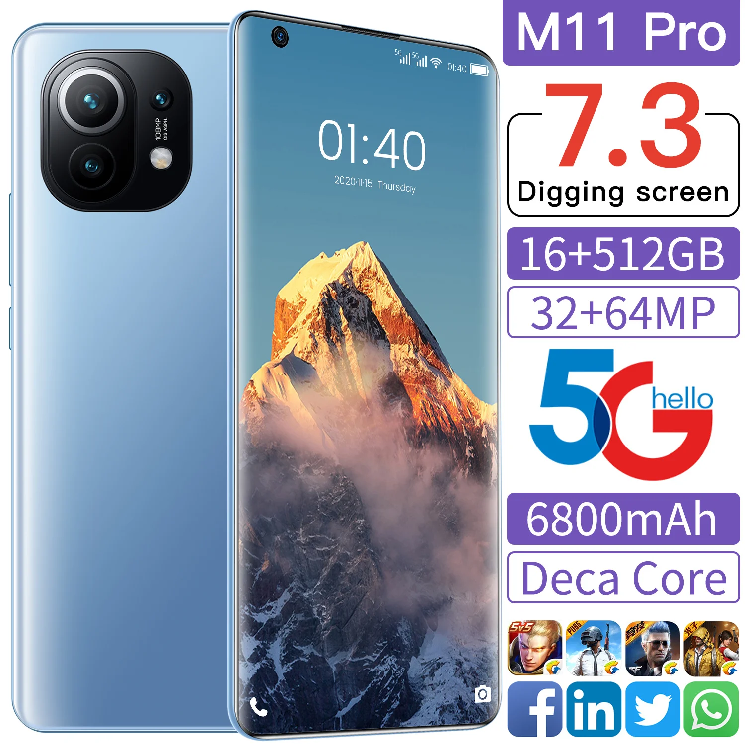 

2021 Newest Global Version M11 Pro 7.3 Inch Smartphone 5G 16+512GB 6800Mah Cellphone Full Screen Support Face Unlock Mobilephone