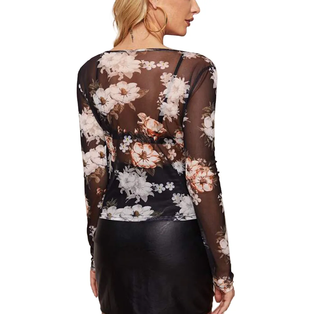 Женская сексуальная сетчатая блузка с длинным рукавом и цветочным принтом