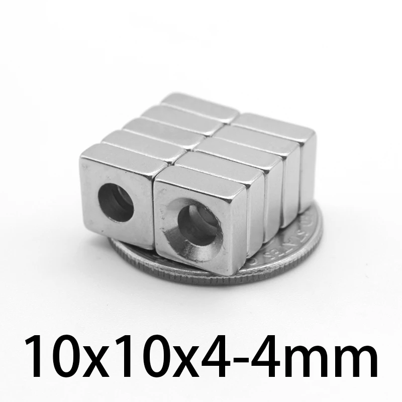 

10-100 pces 10x10x4mm hole 4mm rare earth neodymium magnets stowed powerful magnetic magnet 10*10*4-4mm block