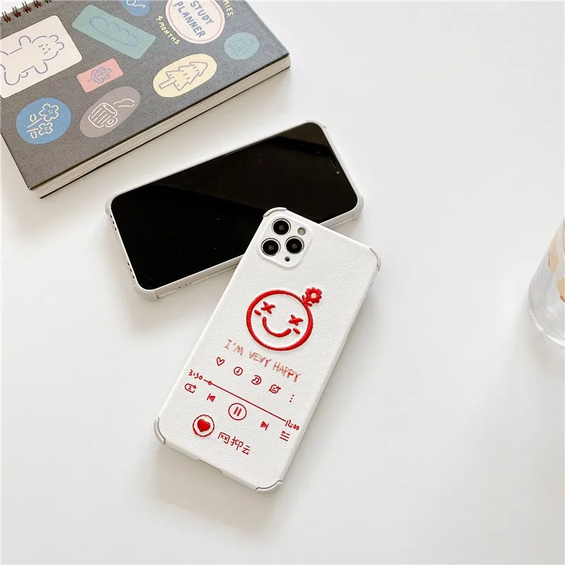 

Embroidery music player Couple's soft Case For iPhone 11 12 Pro Max mini 7 8 Plus XR X XS MAX SE 2 pu leather phone cover fundas