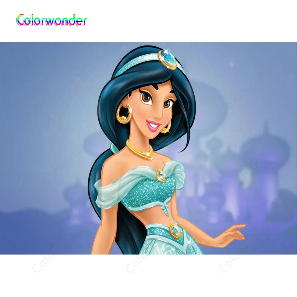 Праздничный фон для дня рождения девочек Принцесса Жасмин синее блестящее