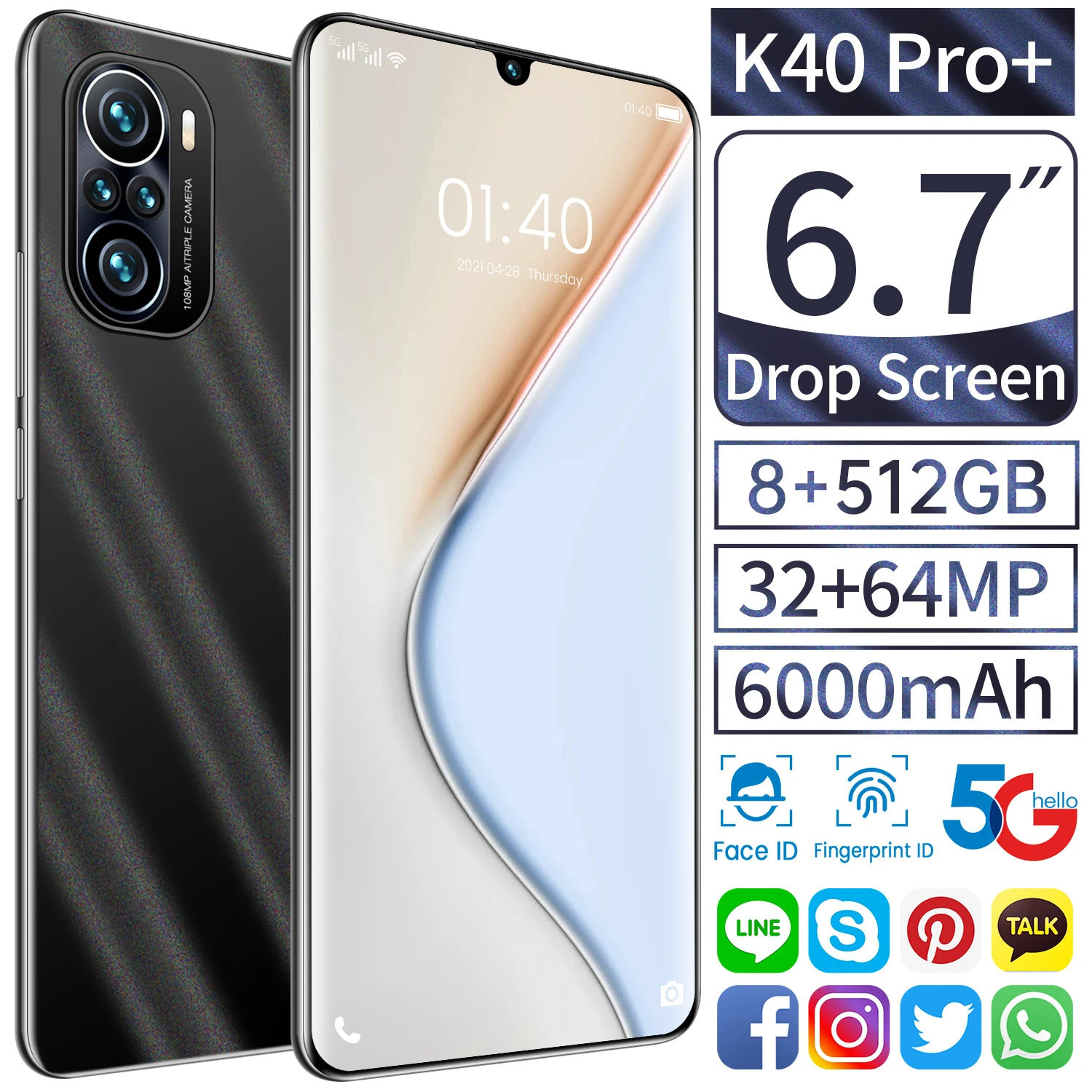 

K40 Pro+ 6.7 Inch 8+512GB Deca Core 6000mAh 5G LTE Bands Cellphones MTK6889+ Fingerprint Face ID 32+64MP Andriod 11 Smart Phone