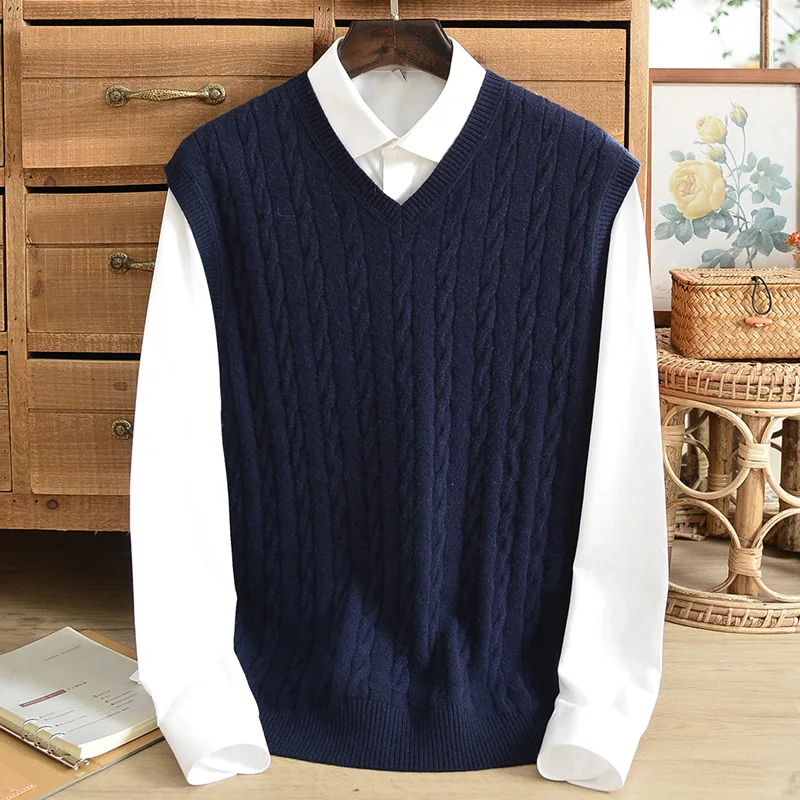 Autumn and winter 100 cashmere sweater men's V-neck middle-aged dad pure color casual jacquard vest thin bottoming | Мужская одежда
