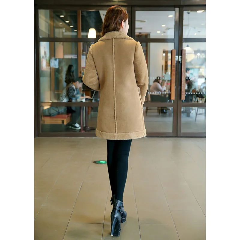 Женское пальто из искусственной кожи и овечьей шерсти длинное плотное теплое