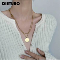 dieyuro 316l stainless steel minimalist double layer chain necklace round card pendant fashion ladies jewelry on neck party