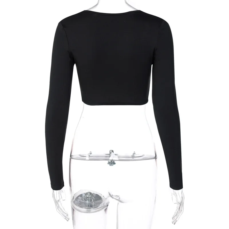 

OneLineFox Sexy Corset Deep V Crop Top Slim Fit Black Blouse Long Sleeve Tshirt Fall Casual Streetwear Fashion Women Clothing
