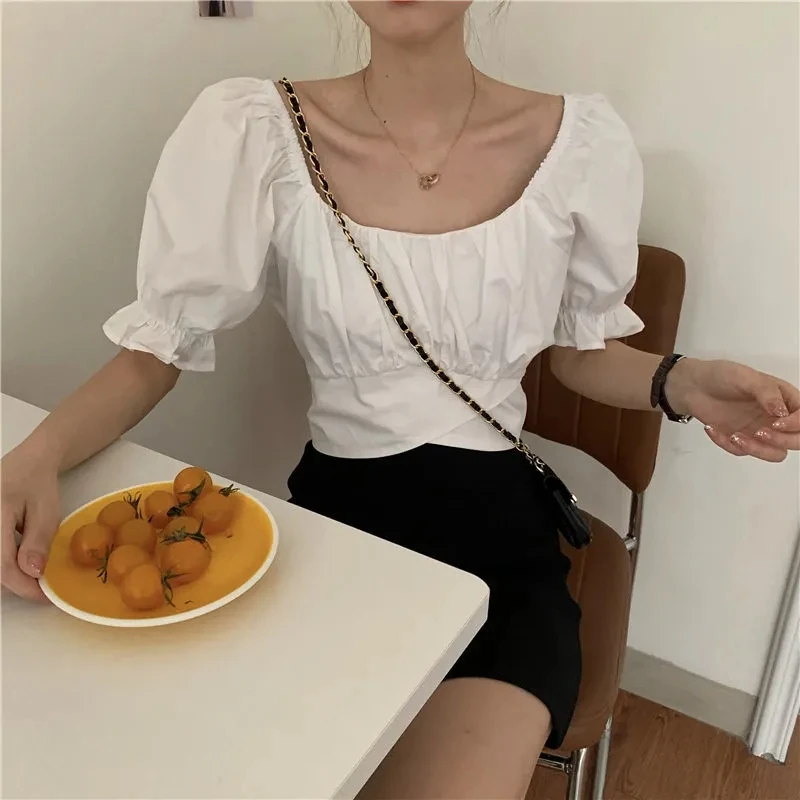 

Lace Up Sweet Elegant Solid Puff Sleeve Hollow Out Sexy Backless Crop Top Korean Style Girls Pleated Square Collar Kawaii Blouse